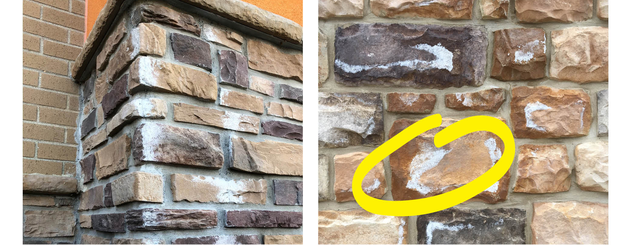 Fake stone discolors with damaging efflorescence